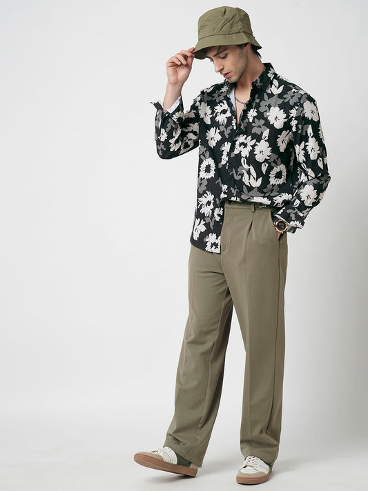 Midnight Black Floral Printed Creased Shirt