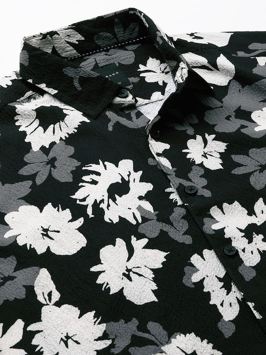 Midnight Black Floral Printed Creased Shirt