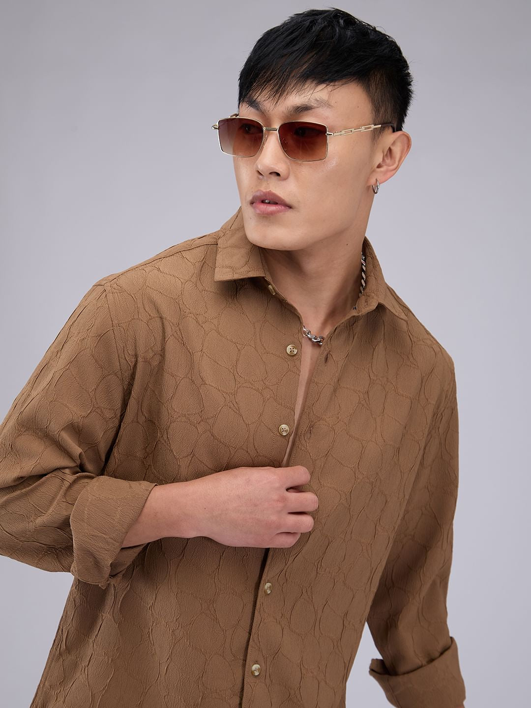Coffee Brown Crumpled Textured Shirt