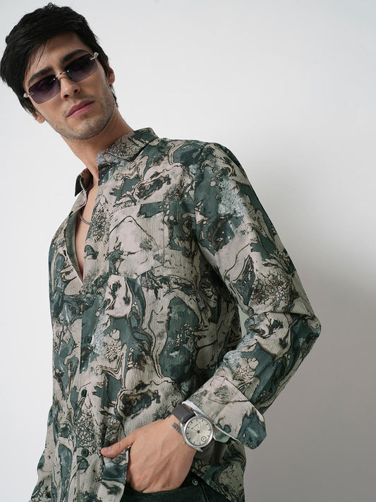 Viridian Green Abstract Printed Creased Shirt