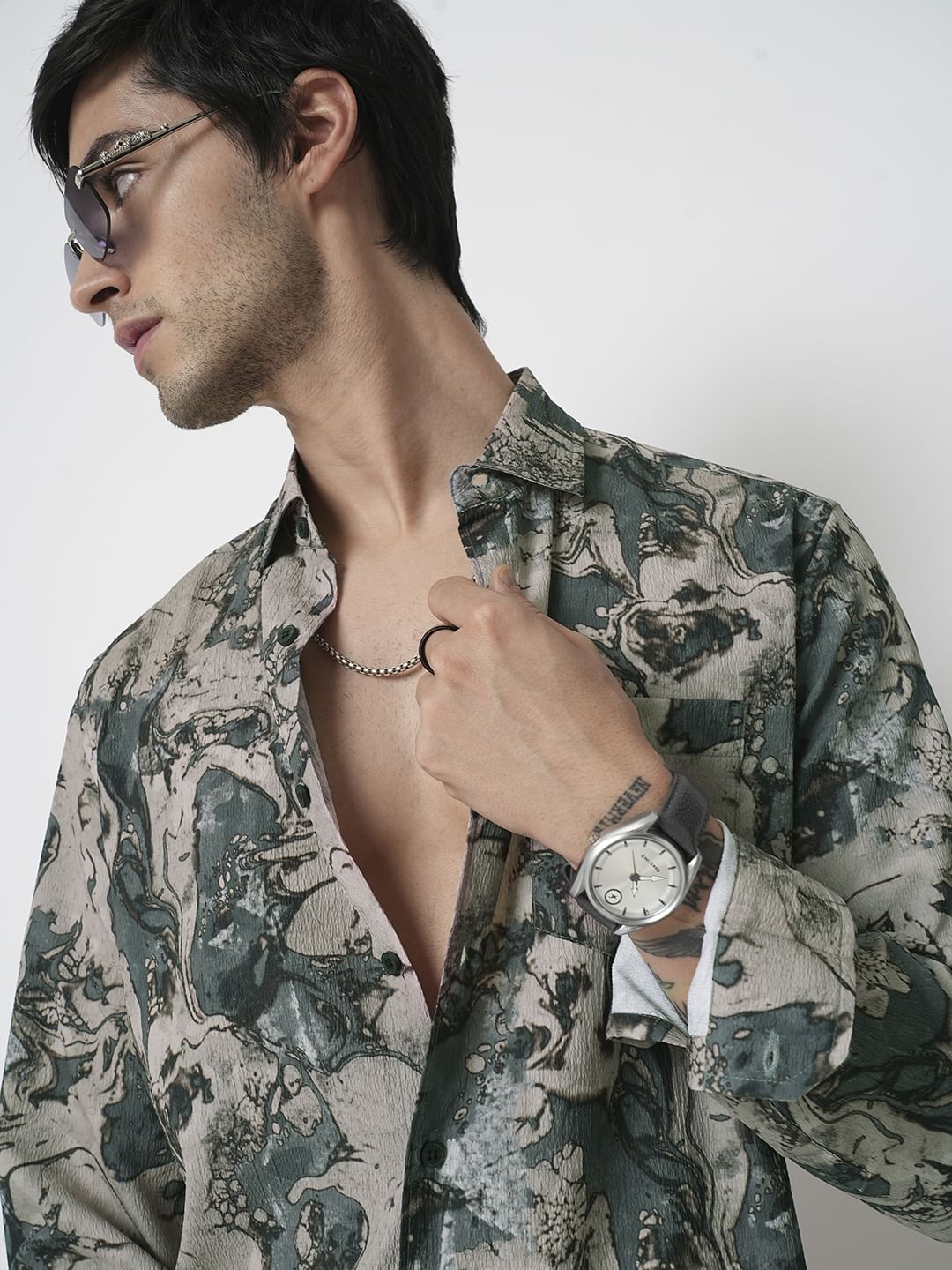 Viridian Green Abstract Printed Creased Shirt