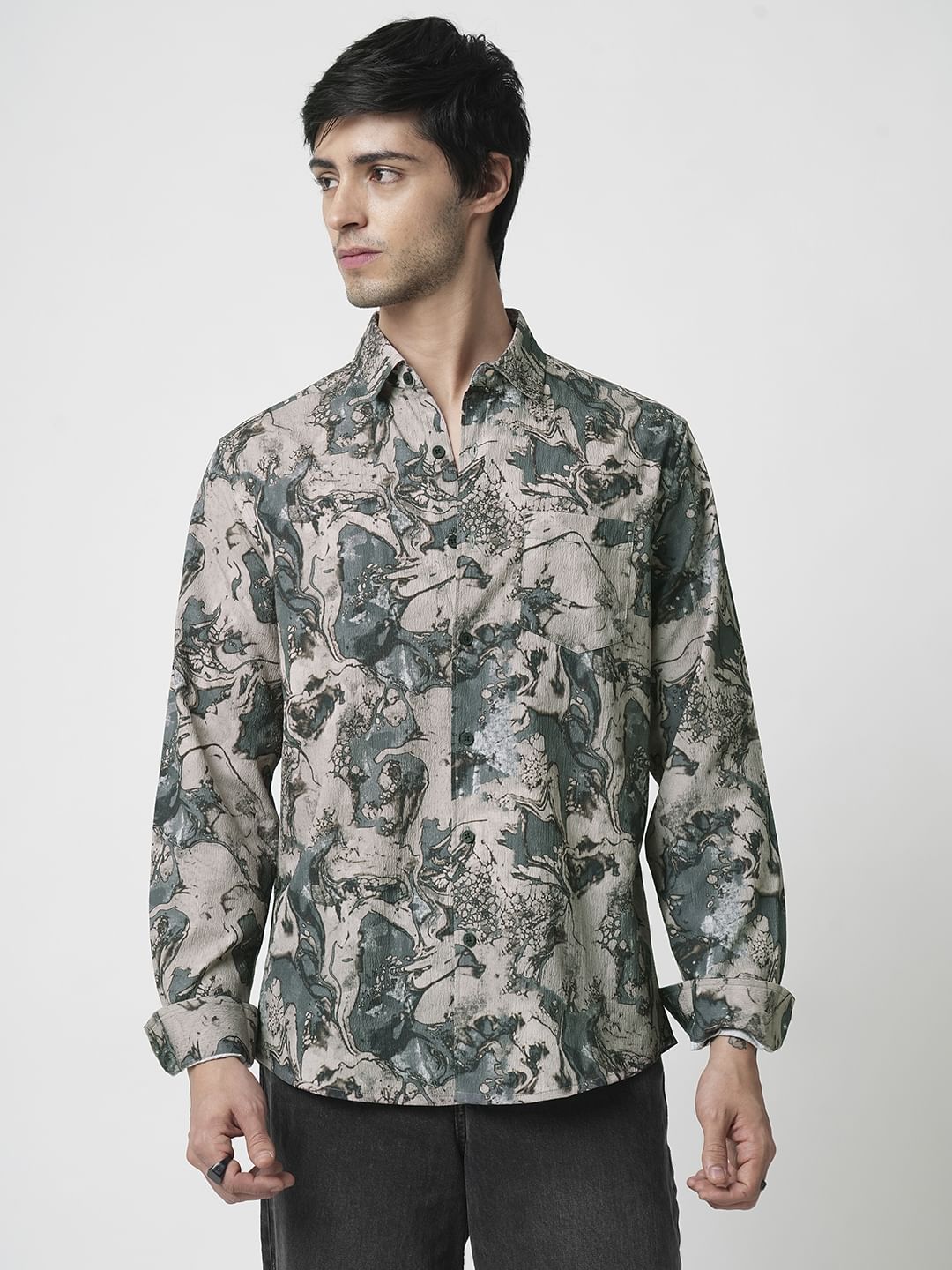 Viridian Green Abstract Printed Creased Shirt