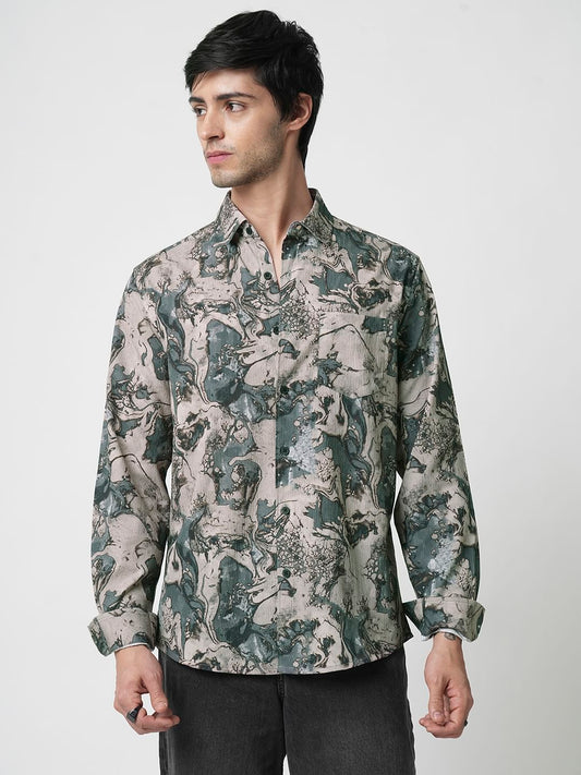 Viridian Green Abstract Printed Creased Shirt