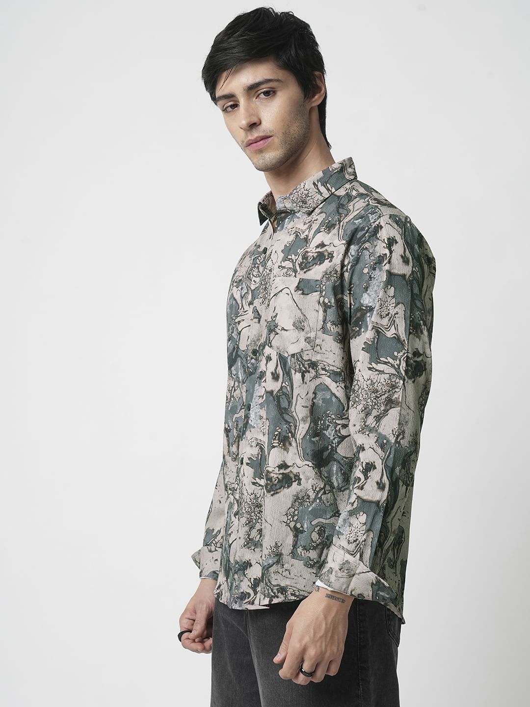 Viridian Green Abstract Printed Creased Shirt
