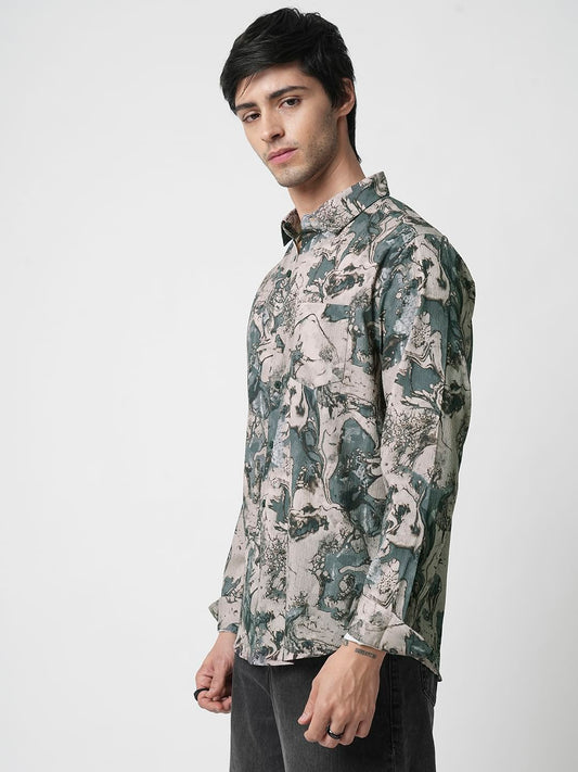 Viridian Green Abstract Printed Creased Shirt