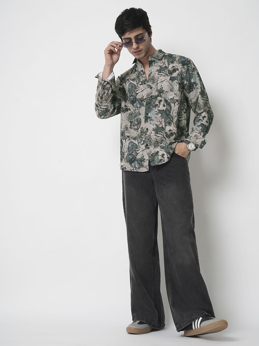 Viridian Green Abstract Printed Creased Shirt
