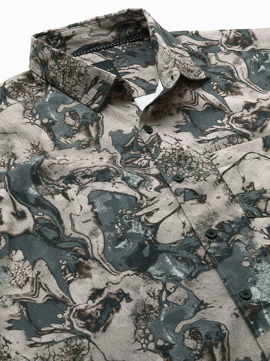 Viridian Green Abstract Printed Creased Shirt