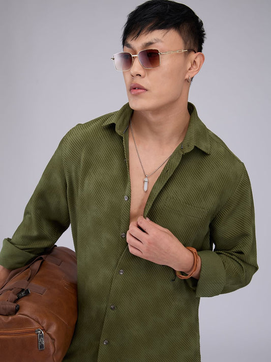 Olive Asymmetric Striped Jacquard Shirt
