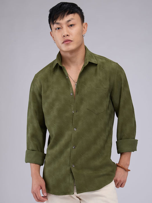 Olive Asymmetric Striped Jacquard Shirt