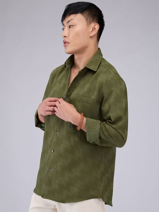 Olive Asymmetric Striped Jacquard Shirt