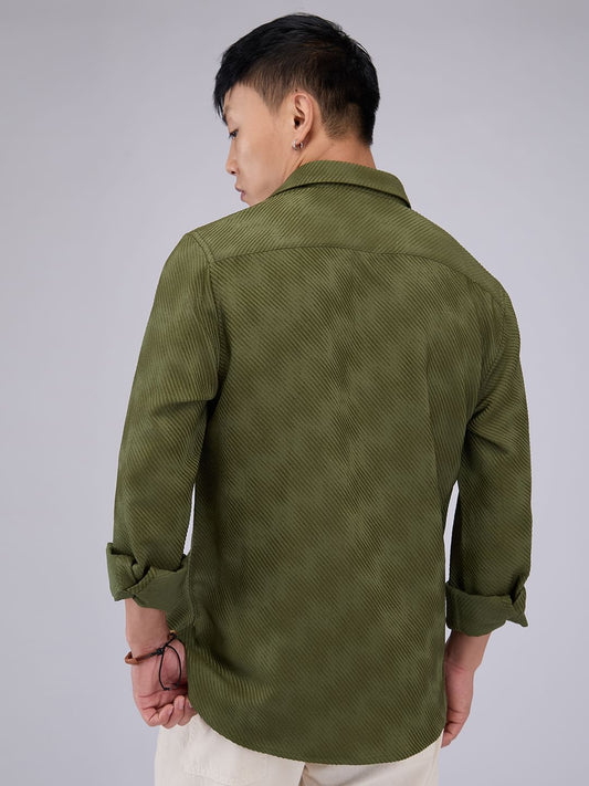 Olive Asymmetric Striped Jacquard Shirt
