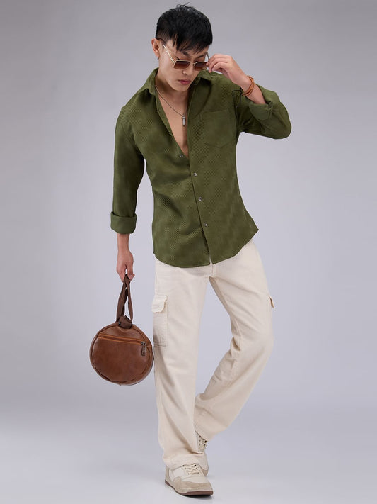 Olive Asymmetric Striped Jacquard Shirt