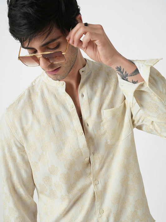 Ivory Floral Intricate Jacquard Creased Shirt