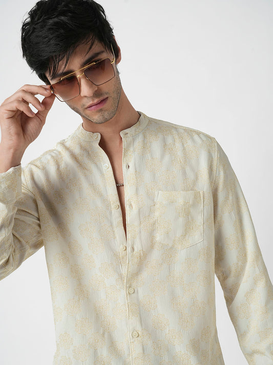 Ivory Floral Intricate Jacquard Creased Shirt