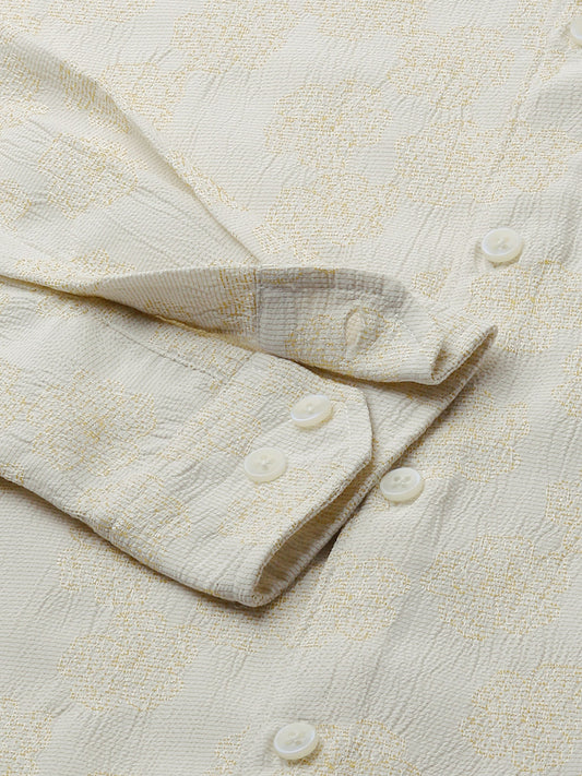 Ivory Floral Intricate Jacquard Creased Shirt