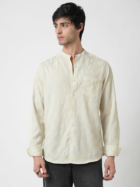 Ivory Floral Intricate Jacquard Creased Shirt