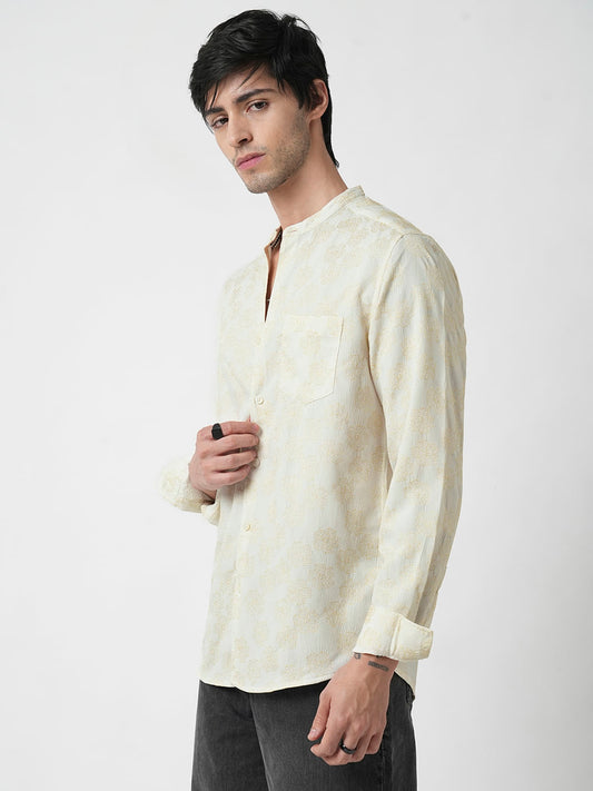 Ivory Floral Intricate Jacquard Creased Shirt