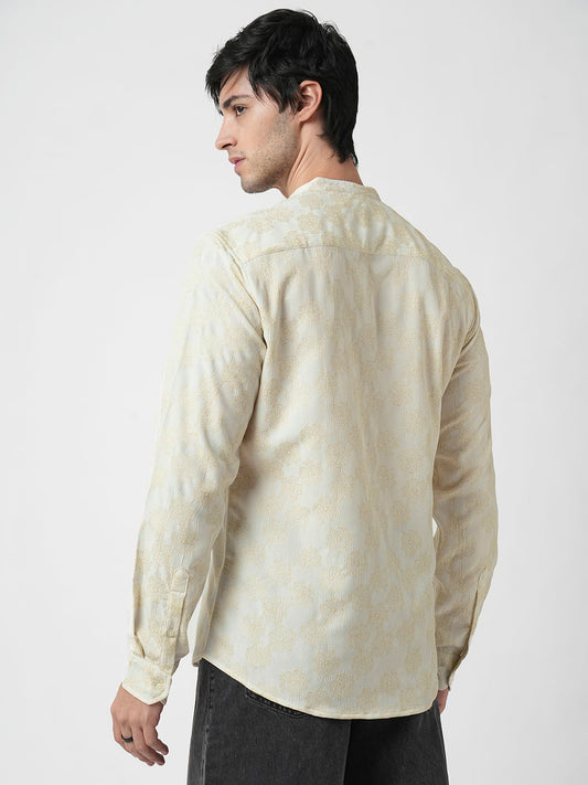 Ivory Floral Intricate Jacquard Creased Shirt