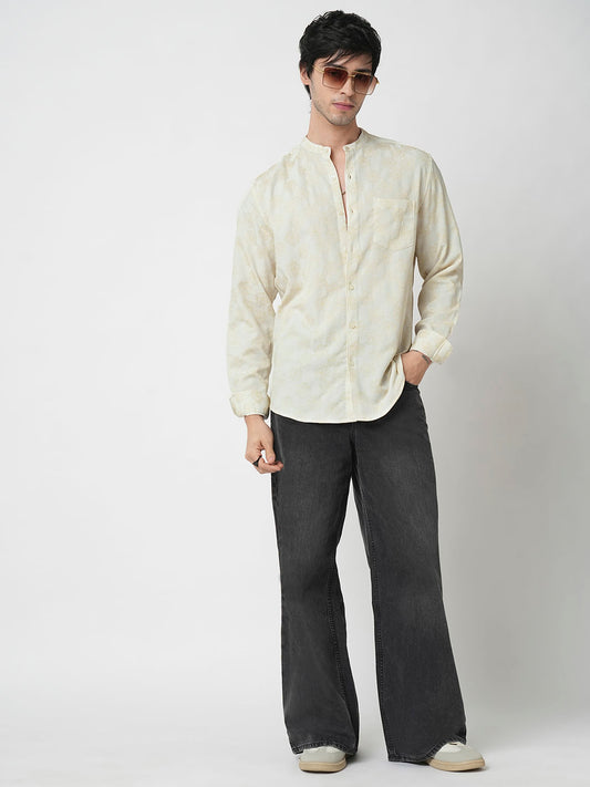 Ivory Floral Intricate Jacquard Creased Shirt