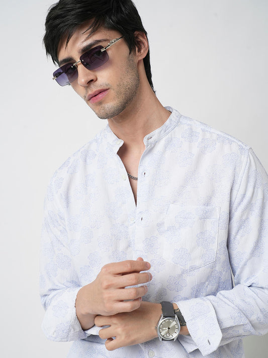 Cool Blue Floral Intricate Jacquard Creased Shirt
