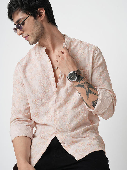 Peach Floral Jacquard Creased Shirt