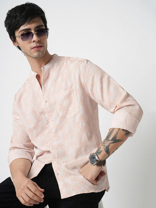 Peach Floral Jacquard Creased Shirt
