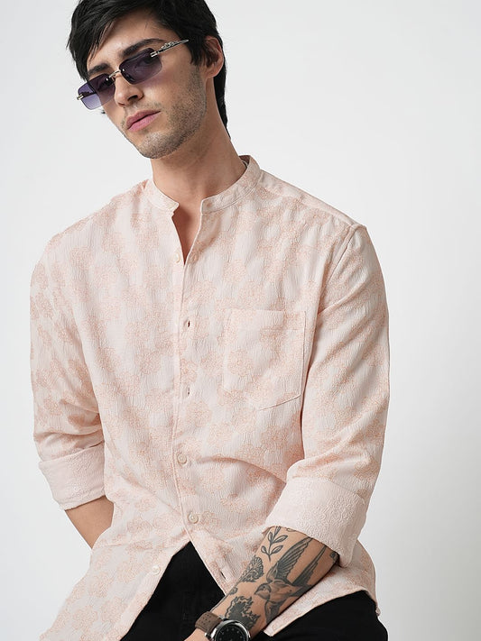 Peach Floral Jacquard Creased Shirt