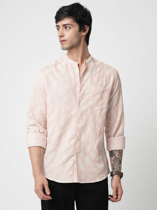 Peach Floral Jacquard Creased Shirt