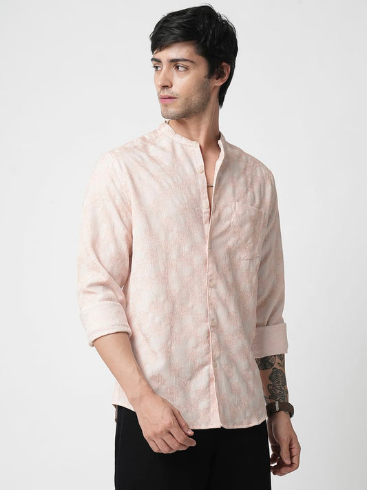 Peach Floral Jacquard Creased Shirt