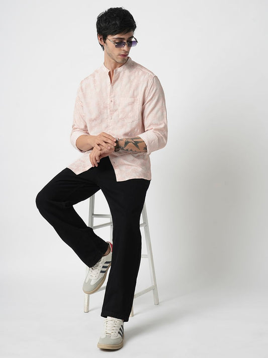 Peach Floral Jacquard Creased Shirt