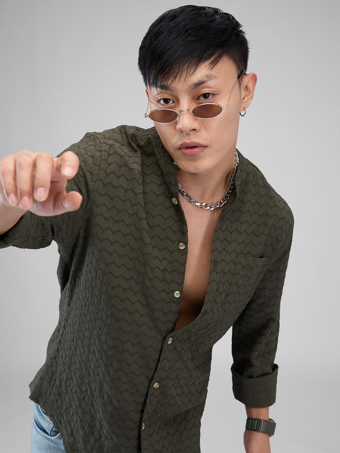 Olive Green Chevron Textured Shirt