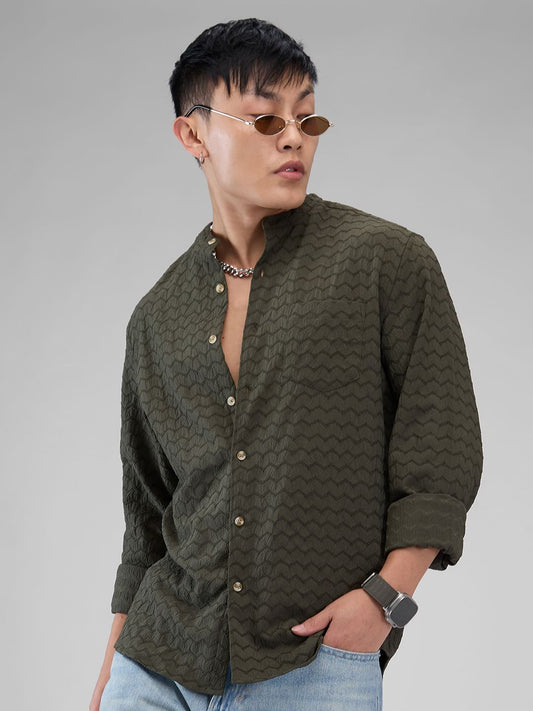 Olive Green Chevron Textured Shirt