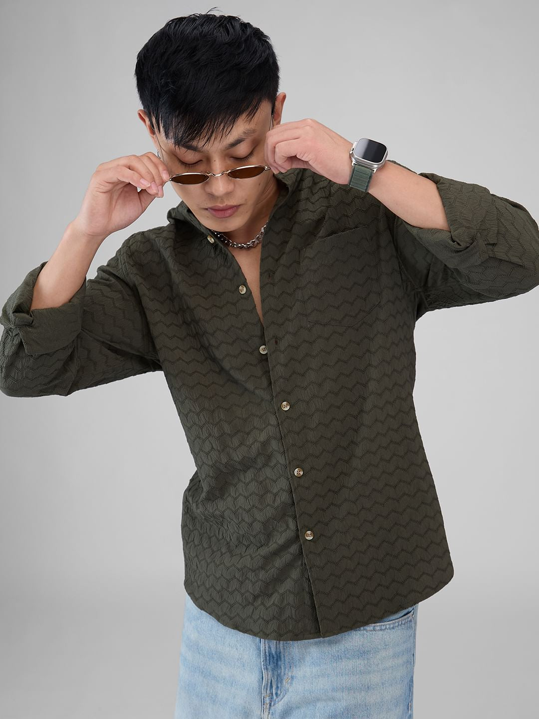 Olive Green Chevron Textured Shirt