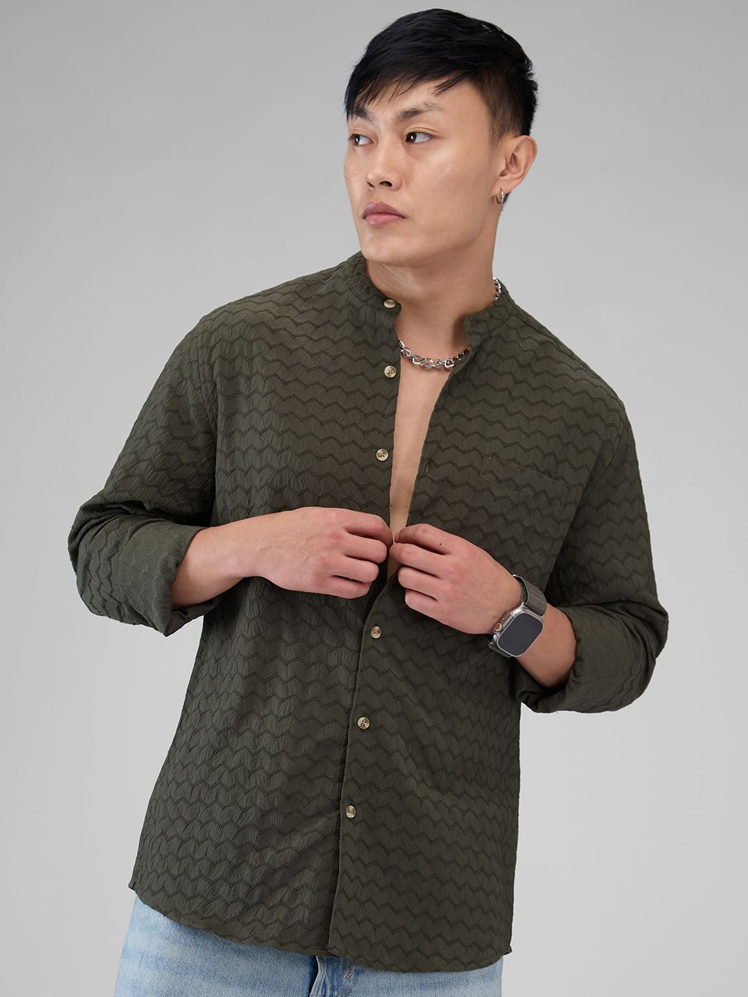 Olive Green Chevron Textured Shirt