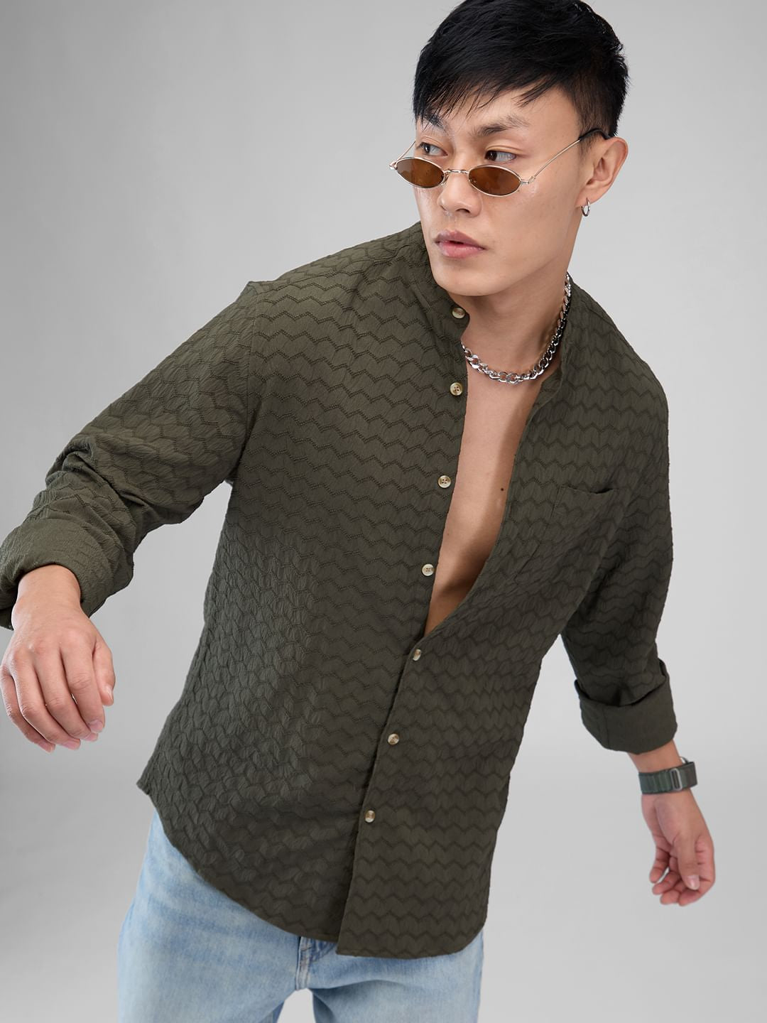 Olive Green Chevron Textured Shirt