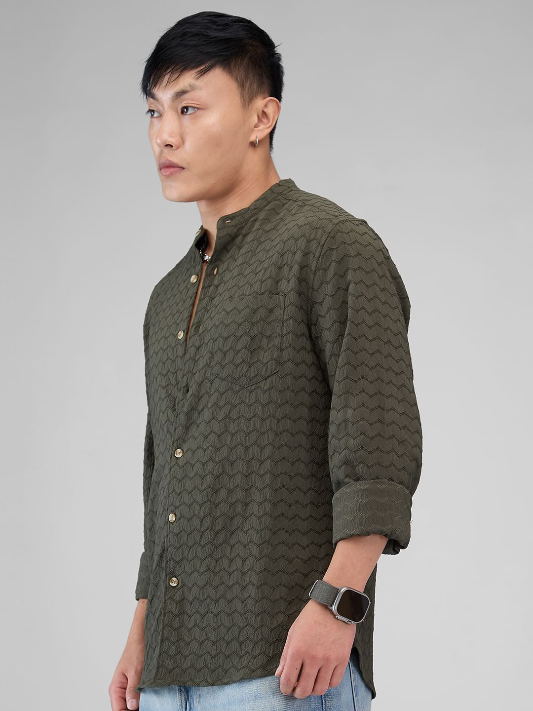 Olive Green Chevron Textured Shirt
