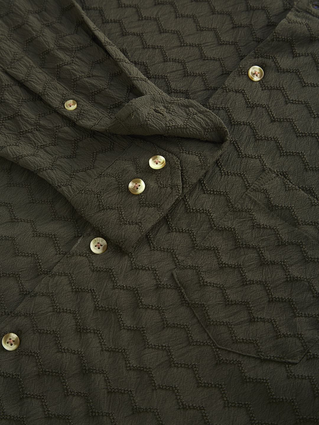 Olive Green Chevron Textured Shirt