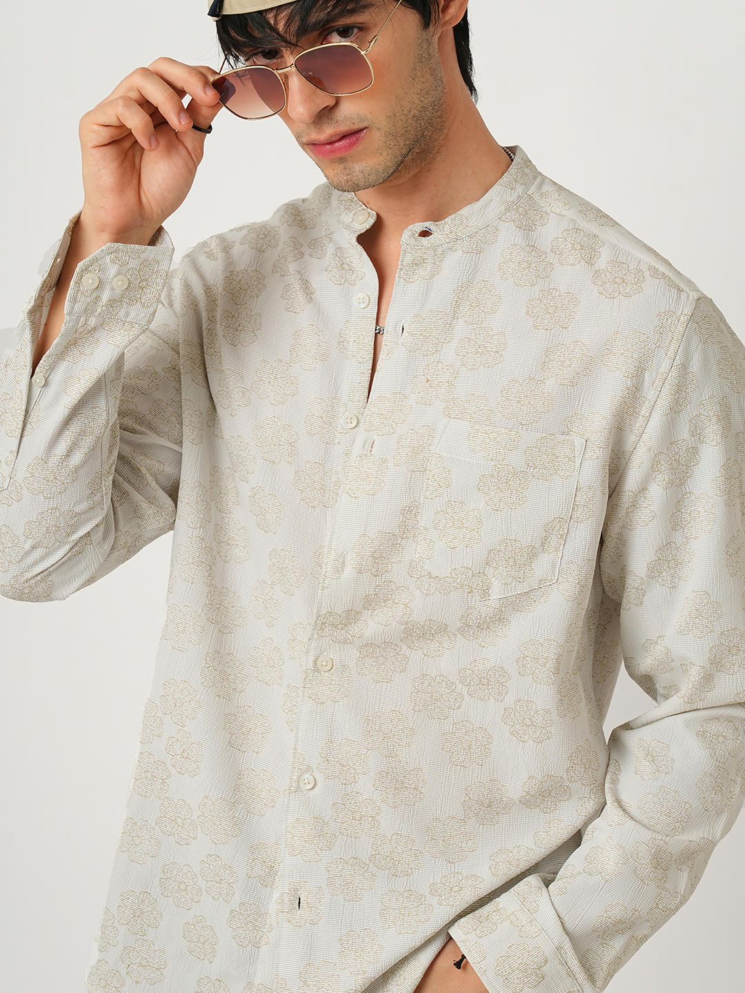 Exquisite Beige Floret Jacquard Creased Shirt