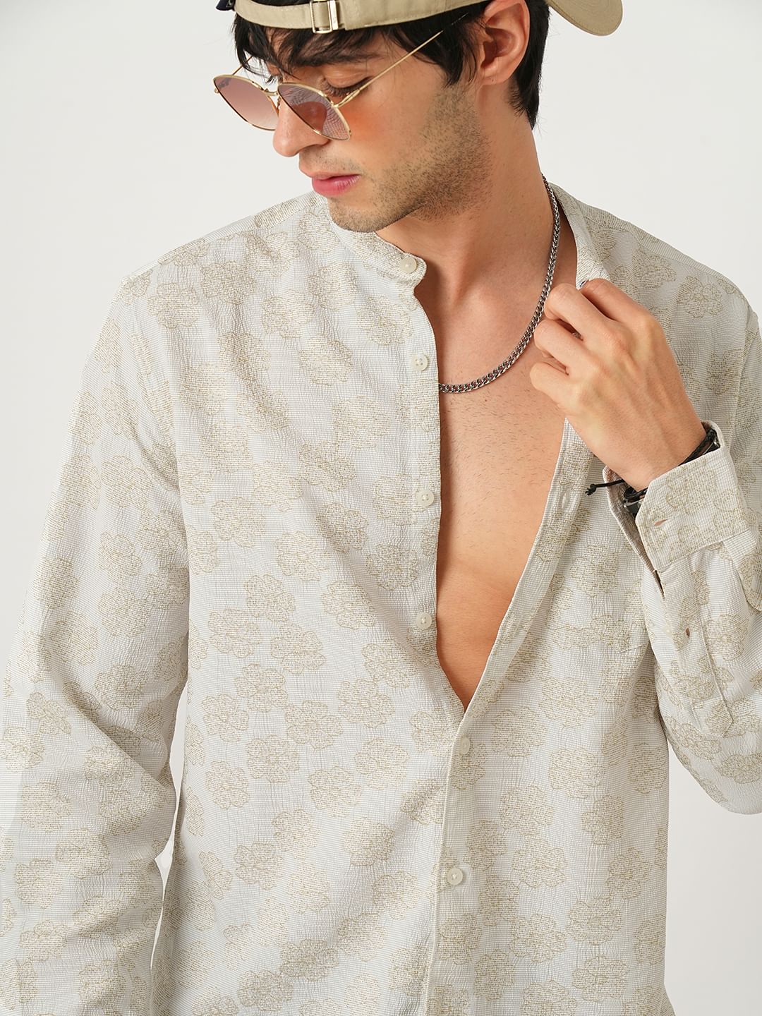 Exquisite Beige Floret Jacquard Creased Shirt