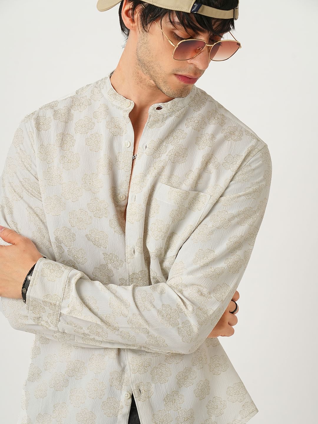 Exquisite Beige Floret Jacquard Creased Shirt