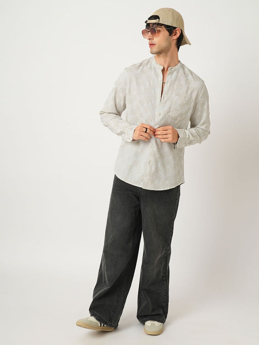 Exquisite Beige Floret Jacquard Creased Shirt
