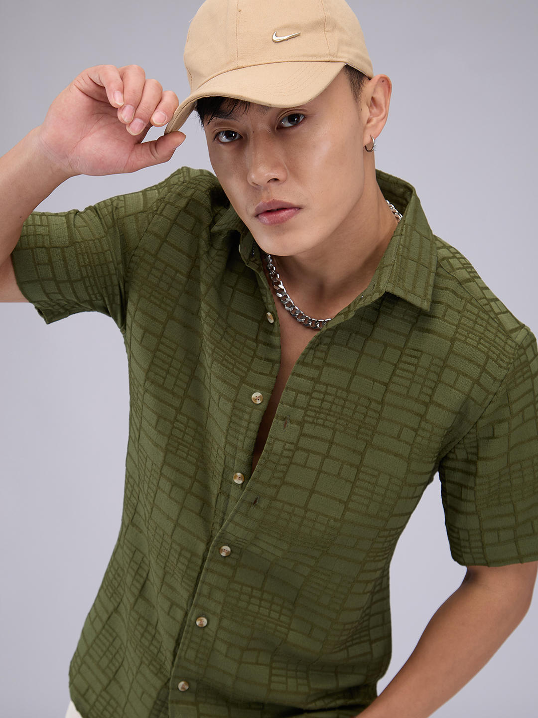 Olive Bold Square Textured Shirt