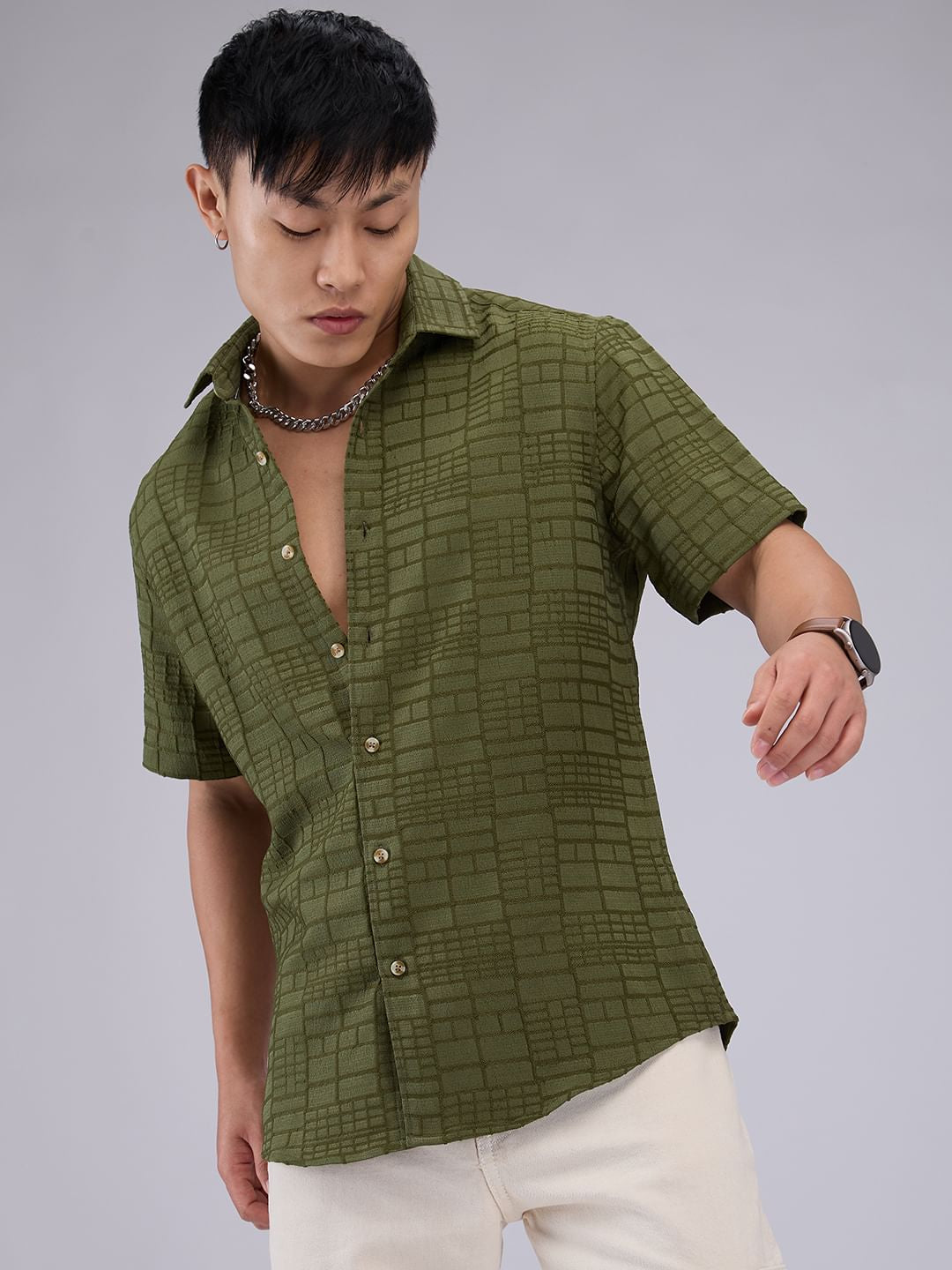 Olive Bold Square Textured Shirt