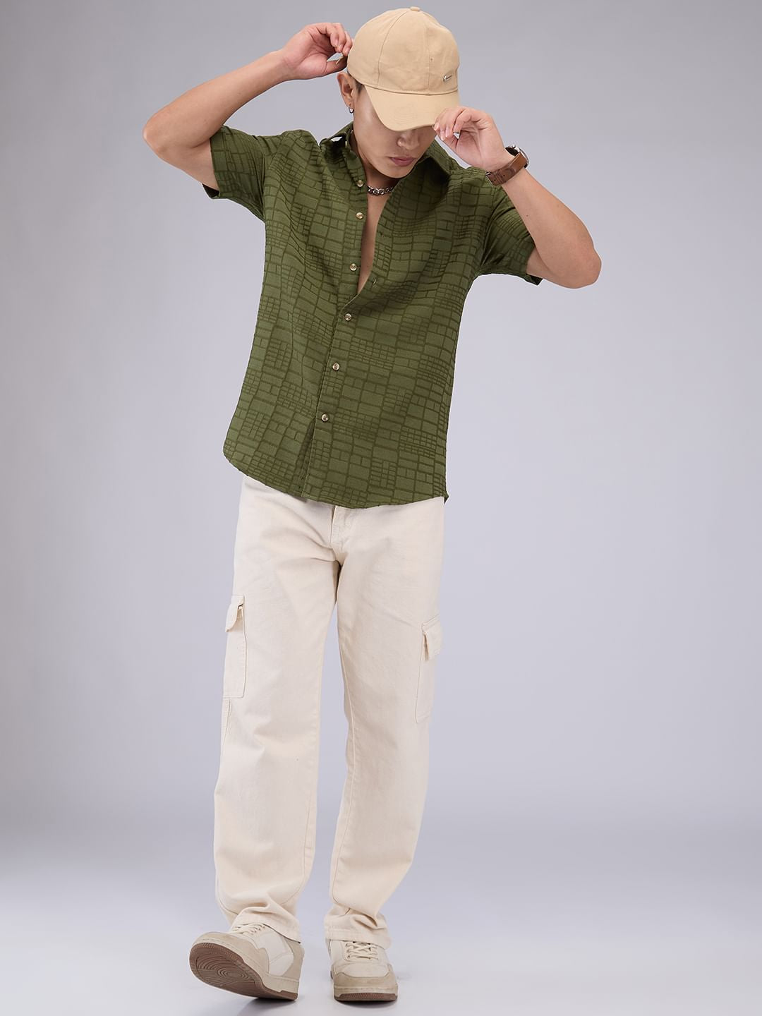 Olive Bold Square Textured Shirt