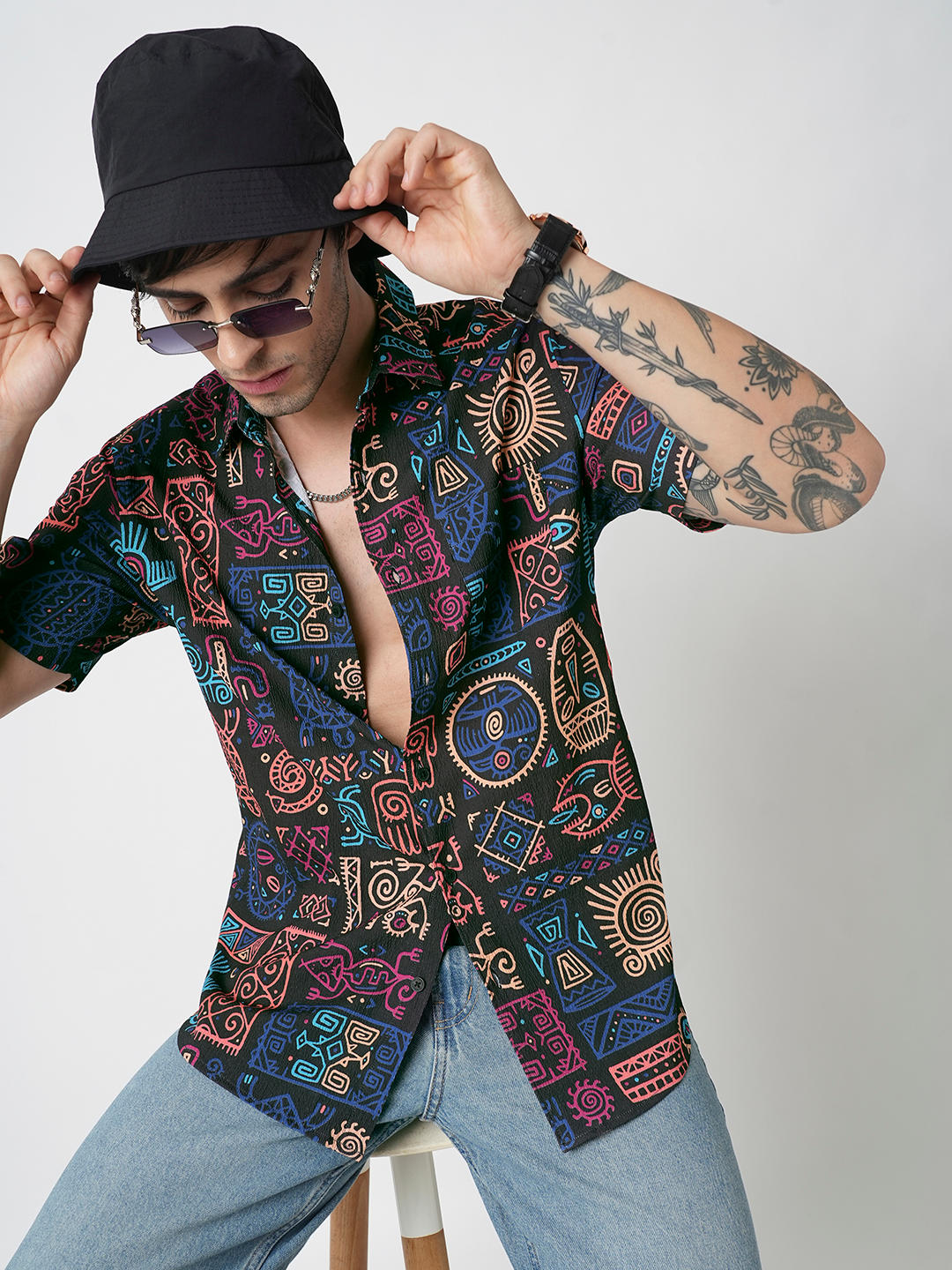 Black African Vector Artistic Printed Crushed Shirt