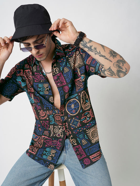 Black African Vector Artistic Printed Crushed Shirt