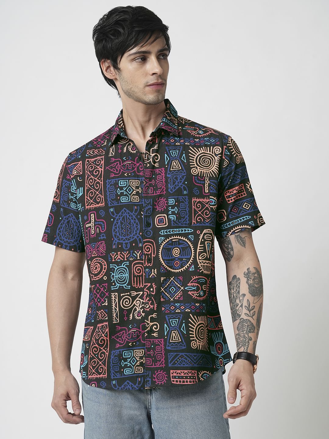 Black African Vector Artistic Printed Crushed Shirt