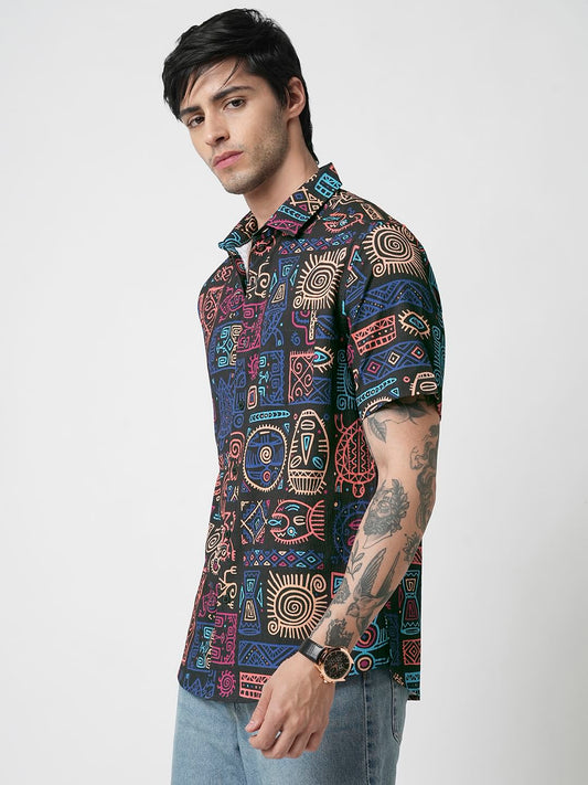 Black African Vector Artistic Printed Crushed Shirt