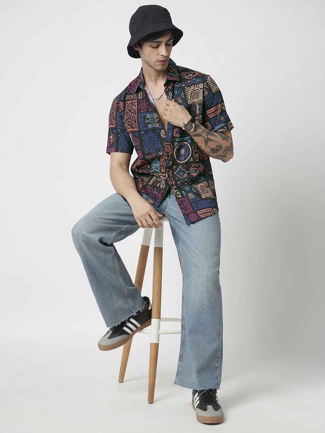 Black African Vector Artistic Printed Crushed Shirt