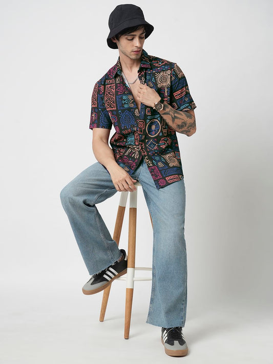 Black African Vector Artistic Printed Crushed Shirt